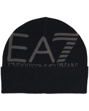 EA7 Logo Intarsia-Knit Beanie - Black