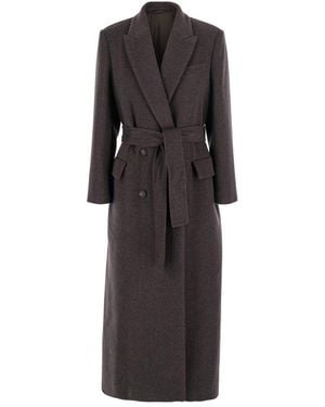 Brunello Cucinelli Double-Breasted Coat With Peak Revers And Front Belt - Black