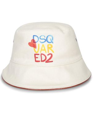 DSquared² Logo Printed Eyelet Detail Bucket Hat - White