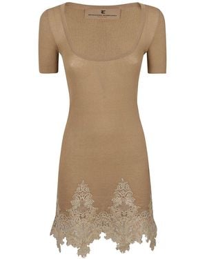 Ermanno Scervino Square Neck Lace Panelled Knit Dress - Natural