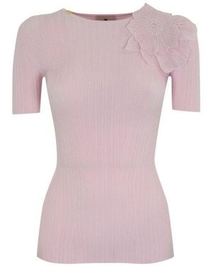 Elisabetta Franchi Flower Embellished Ribbed Knit Top - Pink
