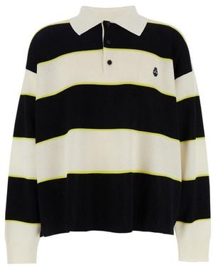 McQueen Skull Embroidered Knitted Striped Polo Shirt - Black