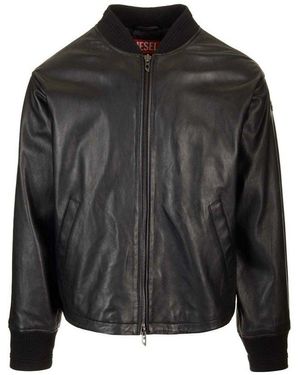 DIESEL Zip-Up Leather Bomber Jacket - Black