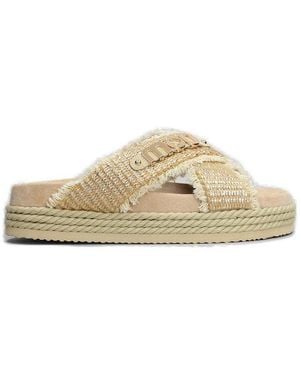Mou Logo Plaque Open Toe Crisscross Flats - Natural