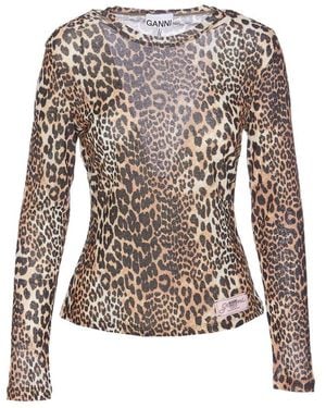 Ganni Printed Turtleneck Long Sleeve Mesh Top in Blue | Lyst