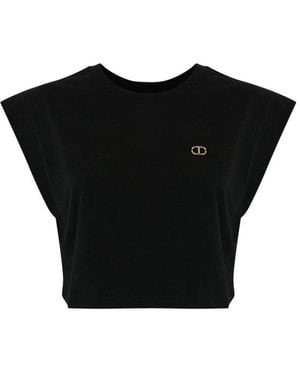 Twinset Rhinestone Oval T Logo Cropped T-Shirt - Black