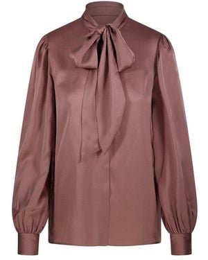 Saint Laurent Pussy-bow Long-sleeved Blouse - Brown