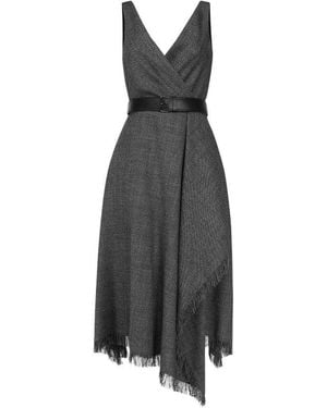 Dior V-Neck Belted Fringed Edge Dress - Grey