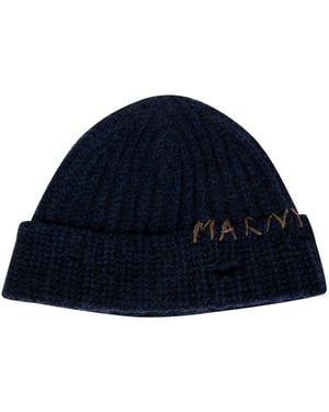 Marni Hand-Stitched Logo Ribbed Beanie - Blue