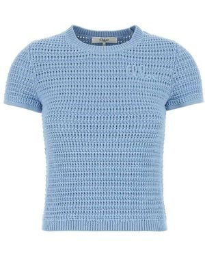 Chloé Short-Sleeved Crochet Knit Top - Blue
