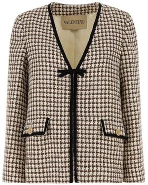 Valentino Houndstooth V-Neck Tweed Jacket - Black
