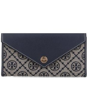 Tory Burch Leather And T Monogram Fabric Wallet - Blue