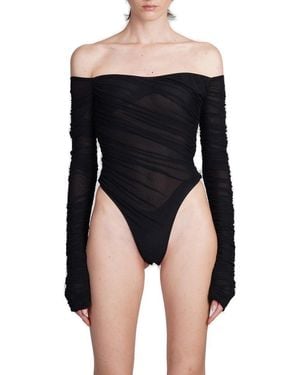 Mugler Off-shoulder Long Sleeved Ruched Mesh Bodysuit - Black