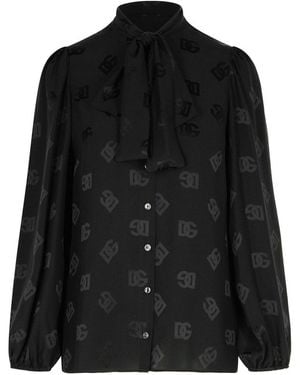 Dolce & Gabbana Shirt With Bow And Jacquard Dg Logo - Black