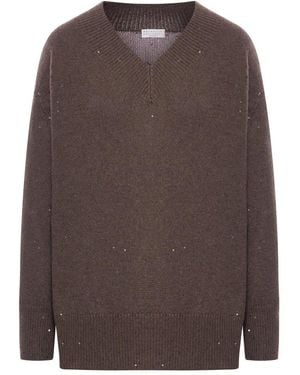 Brunello Cucinelli V-Neck Sequin Embellished Knitted Jumper - Brown