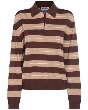 Miu Miu Long-Sleeved Knitted Striped Polo Shirt - Brown