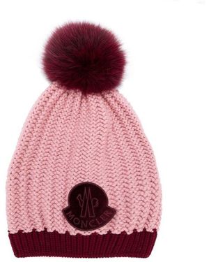 Moncler Logo Patch Pompom Knit Beanie - Pink