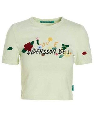 ANDERSSON BELL Embroidered Logo-Printed Crewneck Cropped T-Shirt - Green