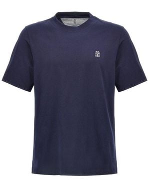 Brunello Cucinelli Logo Embroidered Crewneck T-Shirt - Blue