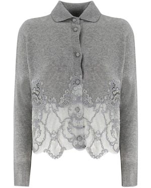 Ermanno Scervino Lace-Hem Buttoned Cardigan - Grey