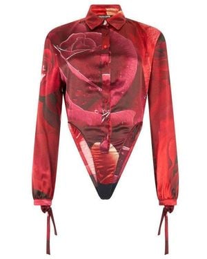 Roberto Cavalli Garden Rose Printed Bodysuit Shirt - Red