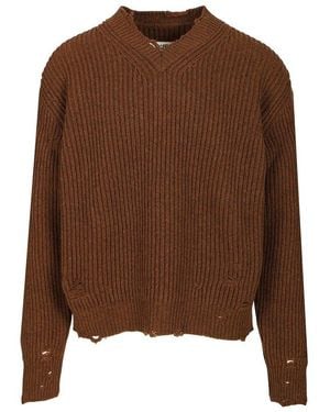 MM6 by Maison Martin Margiela Knitted Distressed Sweater - Brown