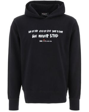 Kiton Slogan Printed Long-sleeved Hoodie - Blue
