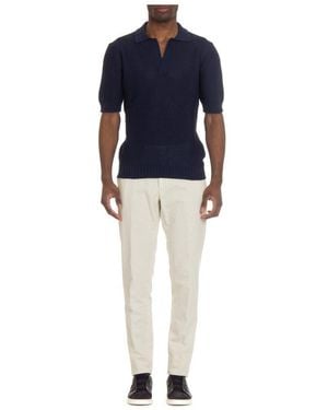 Tagliatore V-Neck Crochet Knitted Polo Shirt - Blue