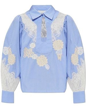 Munthe Lace Detail Striped Blouse Tops - Blue