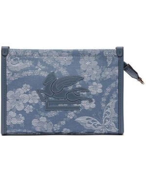 Etro Floral-Printed Top Zipped Clutch Bag - Blue