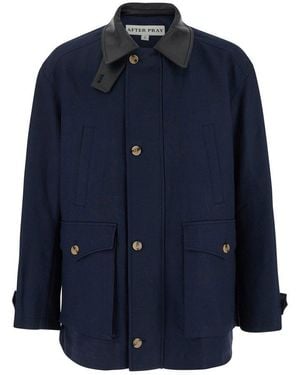 AFTER PRAY Jacket With Leather Collar And Chest Pockets - Blue