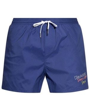 DSquared² Logo Embroidered Drawstring Swim Shorts - Blue
