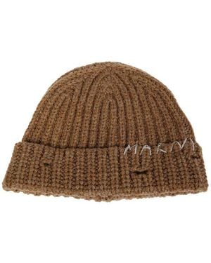 Marni Hand-Stitched Logo Ribbed Beanie - Brown