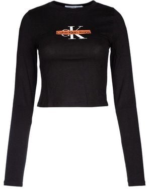 Calvin Klein Logo Long Sleeve Crop Top - Black