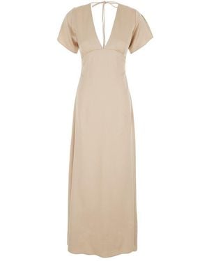 Plain Long Dress With Back Bow Detail - Natural