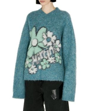 Martine Rose Floral-Intarsia Brushed V-Neck Jumper - Blue