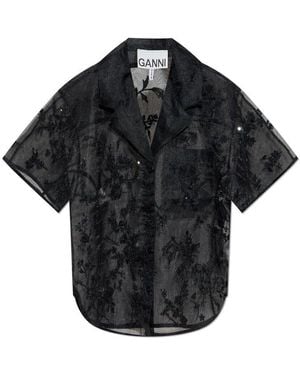Ganni Transparent Shirt With Shimmering Appliqués - Black