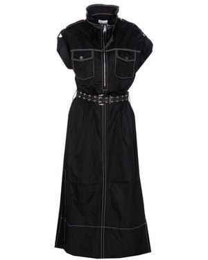 Ganni High Neck Zip Detailed Belted Dress - Black