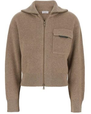 Brunello Cucinelli Long Sleeved Zip-Up Cardigan - Brown