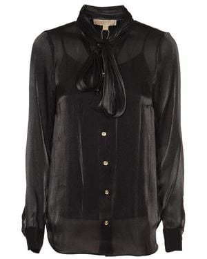 MICHAEL Michael Kors Crinkled Metallic Georgette Tie-neck Blouse - Black