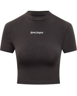 Palm Angels Logo Embroidered Cropped T-Shirt - Black