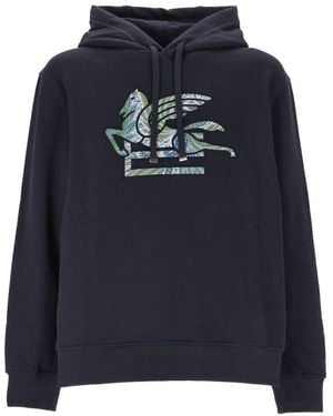 Etro Pegaso-Motif Drawstring Hoodie - Blue