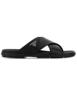 Prada Triangle-Logo Slip-On Sandals - Black