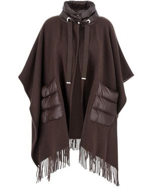 Herno High-Neck Fringed-Edge Drawstring Poncho - Brown