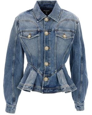 Balmain Peplum Denim Jacket - Blue