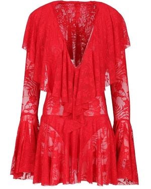 Norma Kamali Laced Deep-V Ruffled Mini Dress - Red