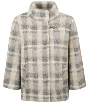 Fay Plaid High-Collar Coat - Gray