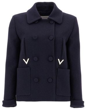 Valentino Logo Plaque Long-Sleeved Peacoat - Blue