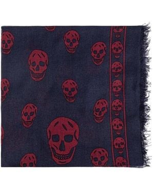 Alexander McQueen Classic Skull Printed Frayed-Edeg Scarf - Blue