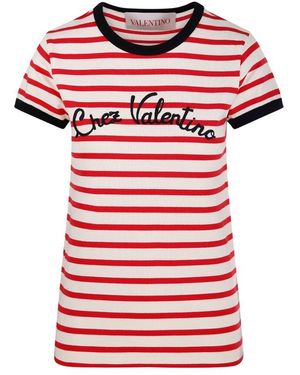 Valentino Striped Crewneck T-Shirt - Red